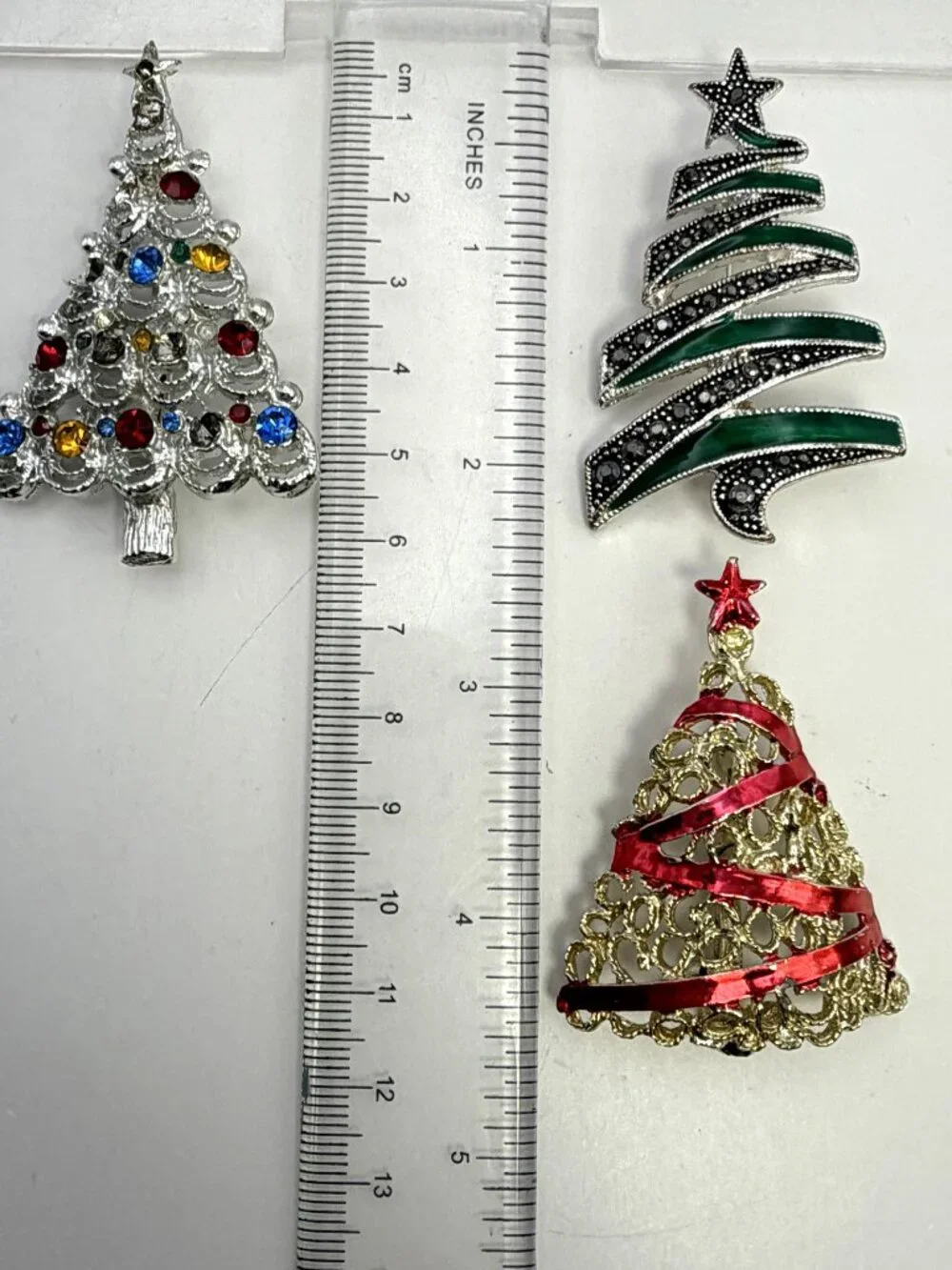 Christmas Tree Brooch Lot of 3 Enamel Rhinestone Holiday Pins Gold Silver Tone